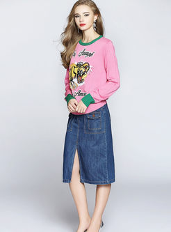 Animal Embroidery Pink Pullover Sweater Shirt