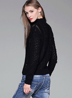 High Collar Hollow Out and Beads Knit Sweater