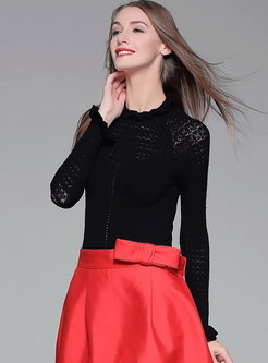 High Collar Hollow Out Solid Knit Sweater