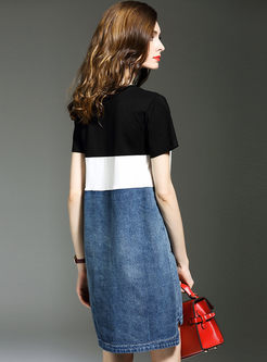 Casual Color-matched Pocket Denim Patch T-shirt Dress