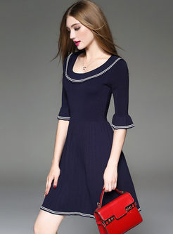 Brief Flare Sleeve Waist Pleat Knitted Dress