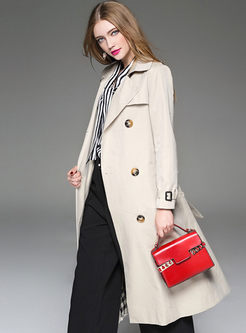 Long Pure Color Double-Breasted Lapel Trench Coat