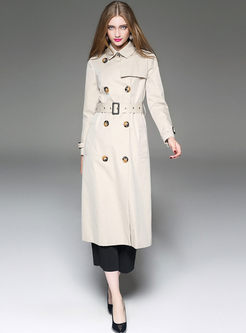 Long Pure Color Double-Breasted Lapel Trench Coat