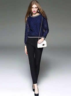 Chic Hollow Lace Patch Pullover T-shirt