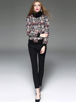 Chic Floral Print Stand Collar Zipper Patch Coat