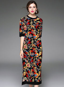 Ethnic Floral Print Side Slit Casual Maxi Dress