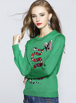 Animal Embroidery Solid Pullover Sweater