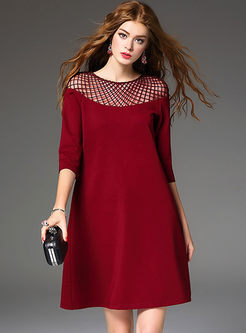 Hollow Out Patchwork Solid Color Causal Shift Dress