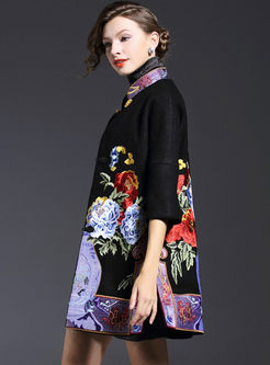 Stand Collar Retro Buttons Embroidery Half Wool Coat 