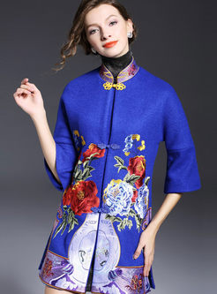 Stand Collar Retro Buttons Embroidery Half Wool Coat 