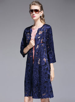 Three Quarter Sleeve Lace Embroidery Hollow Out Cardigan 