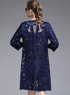 Three Quarter Sleeve Lace Embroidery Hollow Out Cardigan 