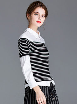 Stand Collar Fake Two Set Piece Striped Patchwork Knit Sweater