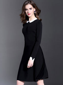 Cute Lapel Monochrome Color-Matched Slim Dress