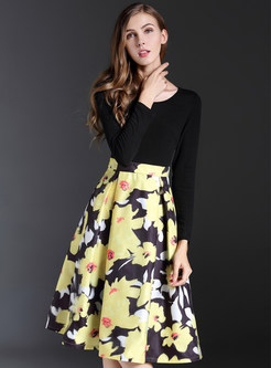 Floral Print Thin Waist Long Sleeve Quality Dress