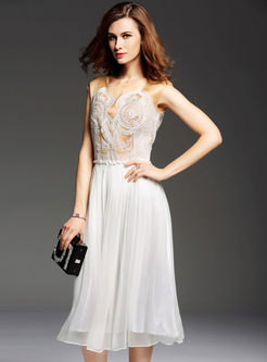 Elegant Hit Color Sleeveless Tight Waist Long Dress