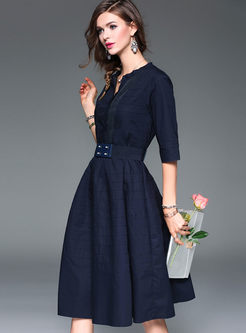 Brief Pure Color High Waist Belted Midi Skater Dress