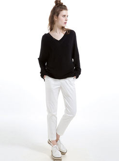 Loose Brief V-Neck Bat Sleeve Knitted Sweater
