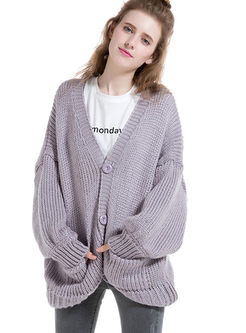 Loose Pure Color Single-Breasted Knitted Coat