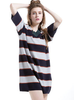Oversized Vertical Stripe V-Neck Knitted Dress