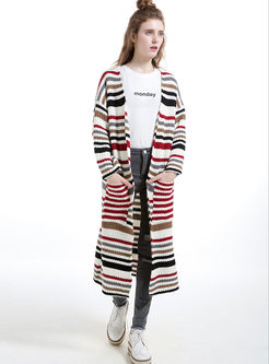 Classic Stripe Color-matched Long Knitted Coat