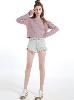 Short Loose Pure Color Knitted Sweater