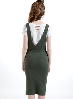 Pure color slim front slit skinny knitted dress