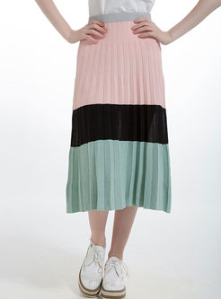 Chic Color-Matched Elastic Waist Pleat Skirt