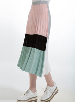 Chic Color-Matched Elastic Waist Pleat Skirt
