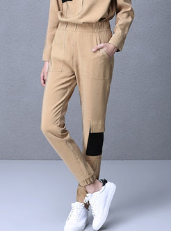 Slim Elastic Hem Color-Matched Pocket Patch Pants