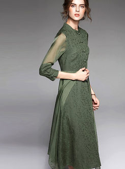 Vintage Pure Color Stand Collar Long Dress
