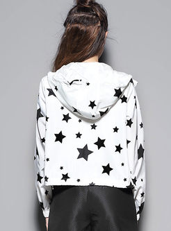 Hooded Star Print Zipper Causal Coat