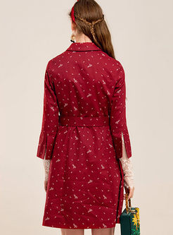 Lace Ruffed Sleeve Turn Down Collar Buttons Belt Floral Coat