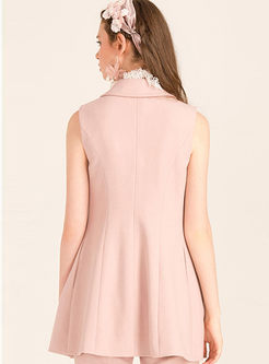 Turn Down Collar Sleeveless Buttons Slim Pink Vest
