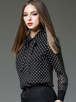Stand Collar Bowknot Dot Slim Blouse