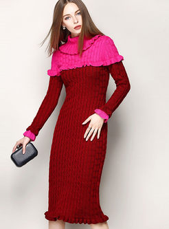 Brief Color-matched Falbala Sleeve Skinny Knitted Dress