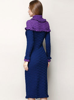 Brief Color-matched Falbala Sleeve Skinny Knitted Dress