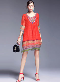 Ethnic Silk Print Bead Loose Dress