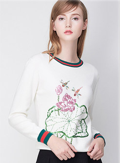 Floral Print Bead Loose Sweater