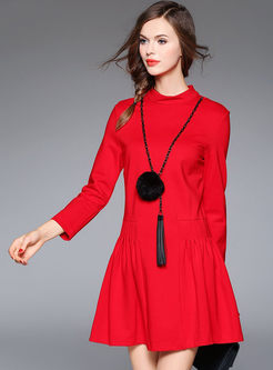 Stand Collar Solid Pleated Skater Dress