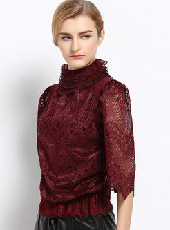 High Collar Lace Voile Patchwork Causal T-Shirt