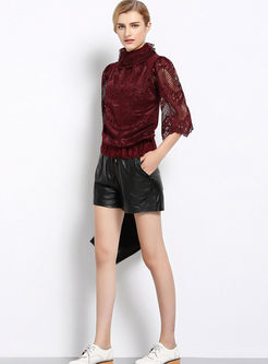 High Collar Lace Voile Patchwork Causal T-Shirt