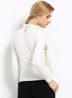 Stand Collar Patchwork Voile Embroidery T-Shirt