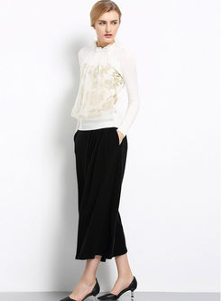 Stand Collar Patchwork Voile Embroidery T-Shirt