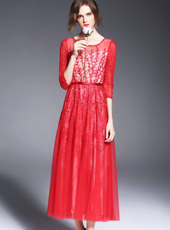 Patchwork Embroidery Lace Voile Maxi Dress