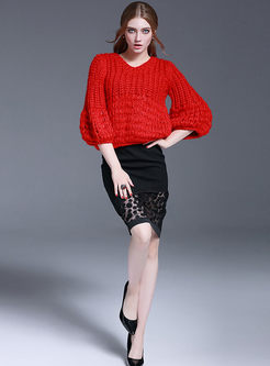 V-Neck Hollow Out Puff Sleeve Sweater
