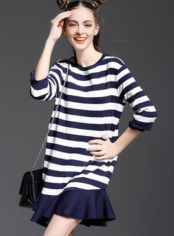 Casual Color-Matched Stripe Falbala Hem T-Shirt Dress