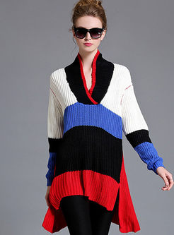 Asymmetrical Personality V-neck Color-blocked Sweater