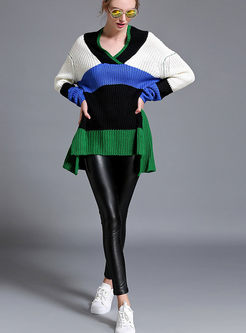 Asymmetrical Personality V-neck Color-blocked Sweater