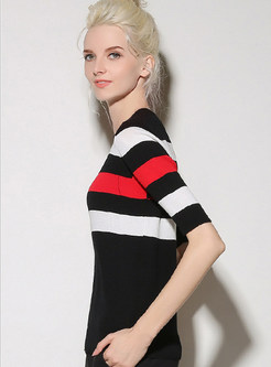 Stripe Matching Short Sleeve Knitted Sweater